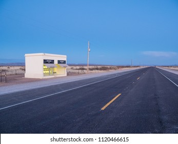 Valentine, TX/USA - 13th  March 2018: The Prada Marfa store sits alone at dawn in the middle of the desert.