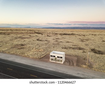 Valentine, TX/USA - 13th  March 2018: The Prada Marfa store sits alone at dawn in the middle of the desert.