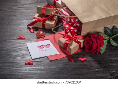 Valentines Day Background, Valentines Day Card With Roses And Gifts On Wooden Board