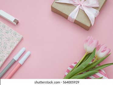 Valentines Day Background With Flowers And Gift. Flat Lay.