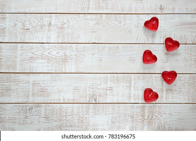 Valentines Day Background With Hearts Over White Wooden Table - Opy Space