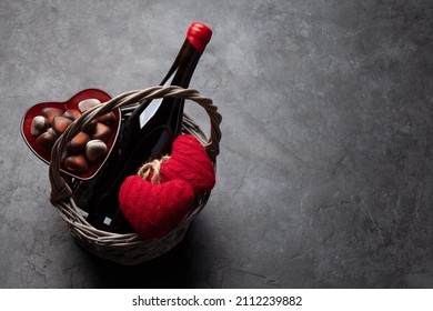 Valentines Day Basket With Wine And Chocolate. Top View With Copy Space