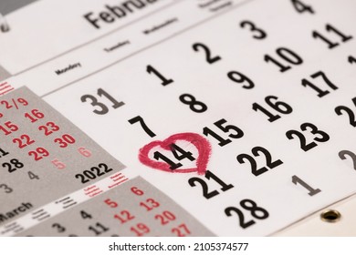 Valentines Day. Calendar For 2022 With Circled Date February 14.