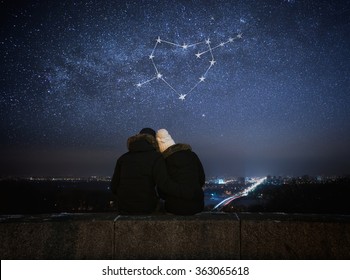 Valentines Day Card. Couple In Love Looking At Stars. Night In City. Constellation In Shape Of A Heart