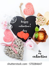 Valentines Day Card. Heart on White Wooden Background. Place for Text. Top View