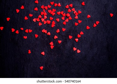 Valentines Day Card  With Red Hearts On Black Background With Copyspace For Greeting Text.