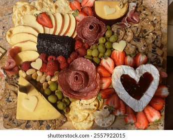 Valentine's Day charcuterie board featuring a selection of meats, cheeses, and jams, beautifully arranged in heart shapes for an elegant spread. Perfect for hosting inspiration or Galentine's Dinner. - Powered by Shutterstock