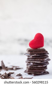 Valentines Day Chocolate Sweets And Red Velvet Heart On White Background Copy Space