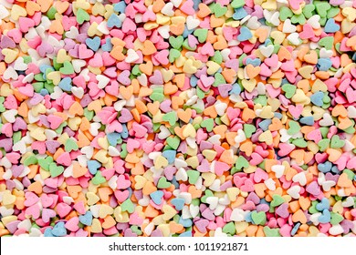 Valentine's Day composition. Flat lay, top view of multicolored, colorful hearts texture. Love concept.