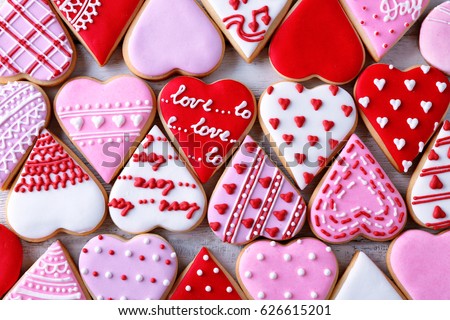 Valentine's day cookies background, top view