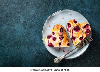 Valentines day dessert. Valentines dessert. Heart shaped cheesecake brownie with cherry. Mothers Day dessert. Fathers day dessert. Womens day cake. Heart cheesecake. Heart cake - Shutterstock ID 2103667556