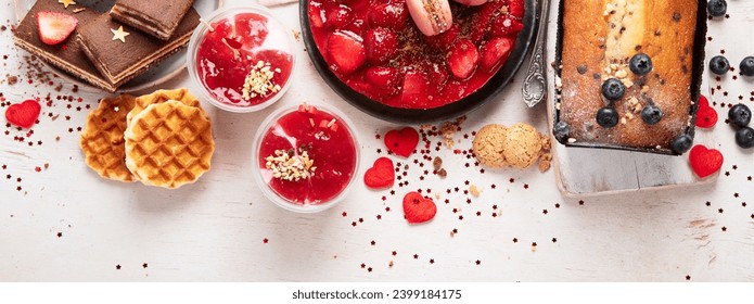 Valentines day dessert.  Mothers Day dessert. Womens day cake. Various of sweets on white background. Top view. Panorama with copy space. - Powered by Shutterstock