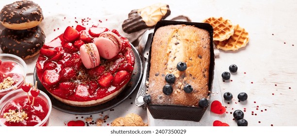 Valentines day dessert.  Mothers Day dessert. Womens day cake. Various of sweets on white background. Top view. Panorama with copy space. - Powered by Shutterstock