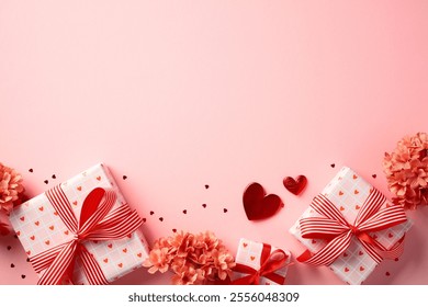 Valentine's Day flat lay composition with gift boxes wrapped in heart-patterned paper and red ribbons, surrounded by red flowers and heart-shaped decorations on pink background. Love, romance concept