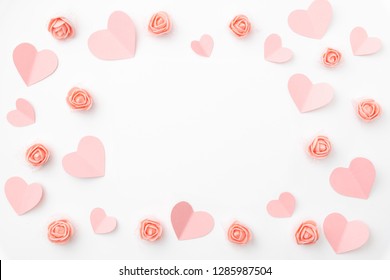 Valentines Day Floral Composition. Love Day Background With Coral Or Pink Flowers Rose Shape Heart Flat Lay. Mothers Day, 8 March Women Day. Top View.