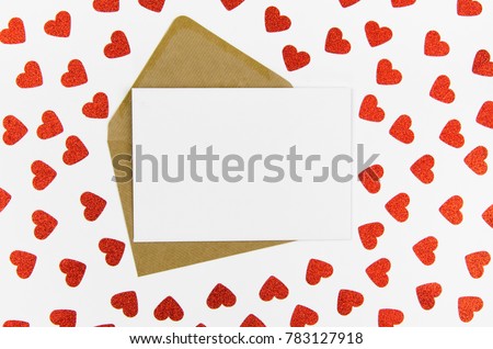 valentines day frame or gift card with heart background. Mock up template. View from above. Flat lay