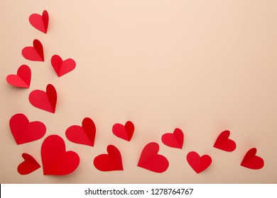 Valentines day greeting card. Handmaded hearts on beige backround. Top view with copy space - Shutterstock ID 1278764767