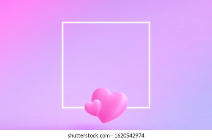 Valentine's day greeting card with white glow square frame. Two cute valentine's hearts is in the bottom on the frame. Pink and blue gradient background. Space for text - Powered by Shutterstock