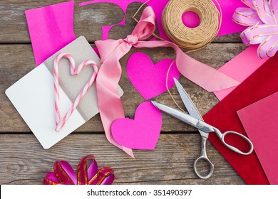 Valentines Day, Handicrafts Made Of Paper. Wood Background