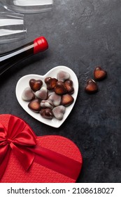 Valentines Day Heart Gift Box, Wine And Chocolate. Top View Flat Lay With Copy Space