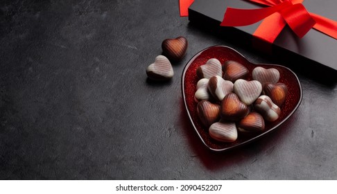 Valentines Day Heart Shaped Chocolate Sweets And Gift Box. Top View With Copy Space