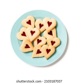 Valentine's Day jam cookies with heart shapes. Isolated on white background. top view