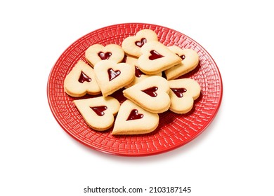 Valentine's Day jam cookies with heart shapes. Isolated on white background.