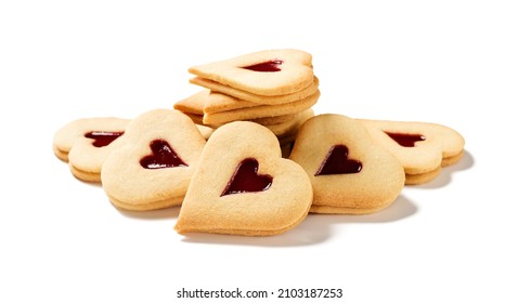 Valentine's Day jam cookies with heart shapes. Isolated on white background.