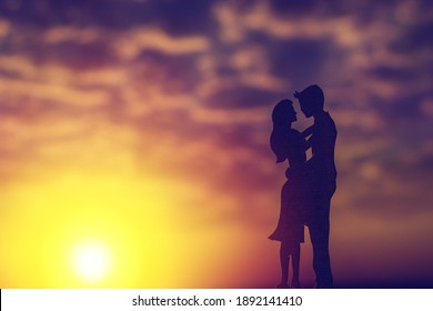 Valentine's Day And Love Concept,Paper Cutting Technique Silhouette Young Couple On Sunset Background.