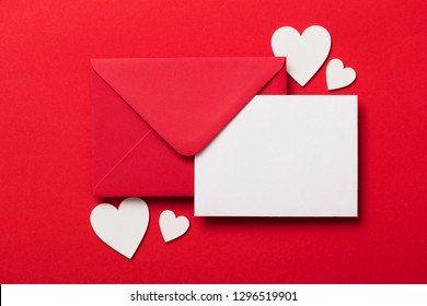 Valentine's Day Love Letter Mockup. Red Envelope Blank White Card And Hearts