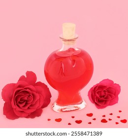 Valentines Day lovers gift with rose flower, heart shape perfume bottle and scattered red hearts on pink background. Romantic giving love concept. - Powered by Shutterstock