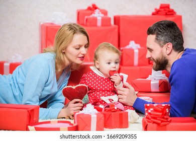 Valentines Day. One And Only. Shopping Online. Boxing Day. Love And Trust In Family. Bearded Man And Woman With Little Girl. Father, Mother And Doughter Child. Happy Family With Present Box.