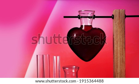 Valentines day potion. Love potion in the shape of a heart on a pink background. Chemical flasks.