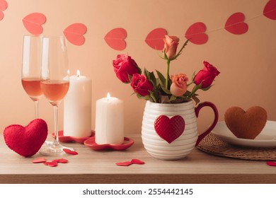 Valentine's day romantic dinner concept. Wooden table with plate, heart shape, wine, flowers and candles over garland decoration background - Powered by Shutterstock