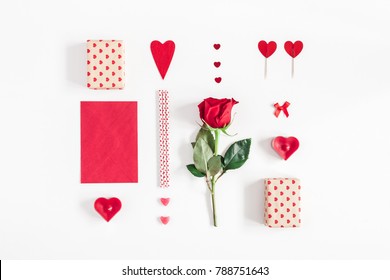 Valentine's Day. Rose Flower, Gifts, Candles, Confetti On White Background. Valentines Day Background. Flat Lay, Top View.