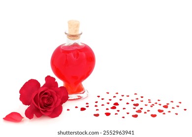 Valentines day rose flower, heart shape perfume bottle with scattered red hearts confetti on white background. Romantic love concept for Valentine, anniversary or birthday gift. - Powered by Shutterstock