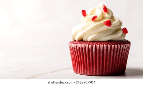 Valentine's day sweets. Red velvet cupcakes. Tasty cupcake with hearts. Copy space - Powered by Shutterstock