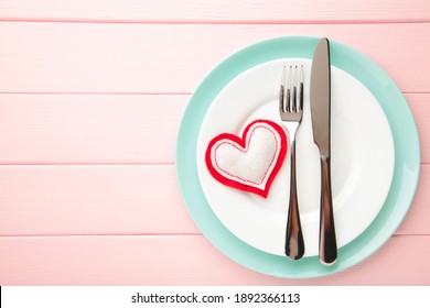 Valentines Day Table Place Setting On Pink. Holidays Background