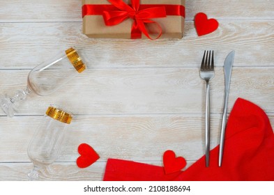 Valentines Day Table Setting Flat Lay With Shape Heart, Festive Decoration, Fork And Knife And Red Eco Friendly Zero Waste Gift Box Copy Space Text.