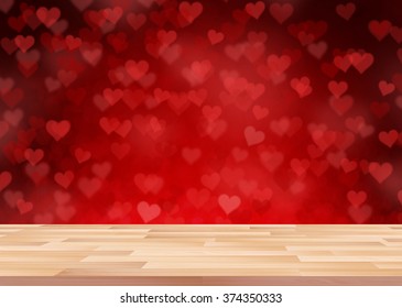 Valentines Day, Table Wood And Hearts Background. Design For Background, Can Be Used For Montage Or Display Your Products