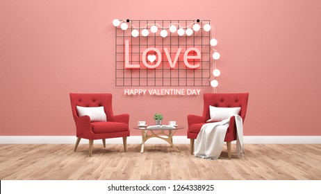 Valentines Day Theme With Light Text On Wall. 3d Rendering