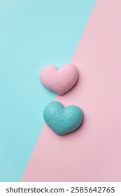 Valentine's Day two heart on pastel pink background. Love concept. Minimal concept idea.