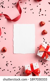 Valentines Day Vertical Banner Template With Blank Paper Card, Gift Boxes, Red Ribbon And Hearts On Pink Background. Suitable For Flyer, Brochure, Stories On Social Media