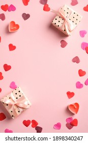 Valentines Day Vertical Banner Template. Gift Boxes And Hearts On Pink Background. Top View, Flat Lay, Copy Space.