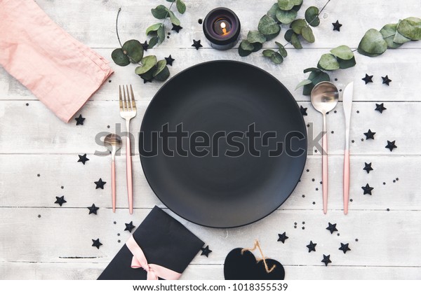 Valentines day  or wedding\
meal background. Romantic holiday table setting. Restaurant\
concept. Flat lay