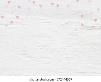 Valentines Day Or Wedding Mockup Scene Paper Hearts Confetti And Empty Space For Text. Grunge White Background, Flat Lay Image, Top View.