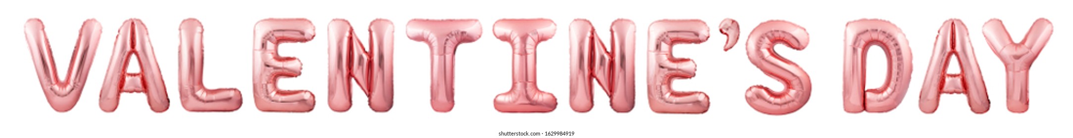 Valentine's Day Words Made Of Rose Gold Inflatable Balloons Isolated On White Background