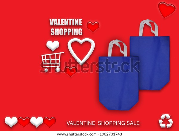 Valentine\'s gift ECO bags. Happy Valentines Day\
Shopping Bags Sale Banner with heart and shopping basket. copy\
space for text.