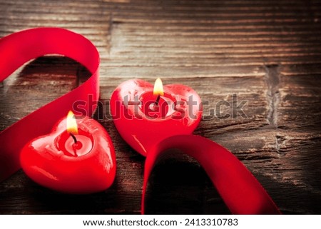 Valentines Hearts Candles over Wood. Valentine's Day