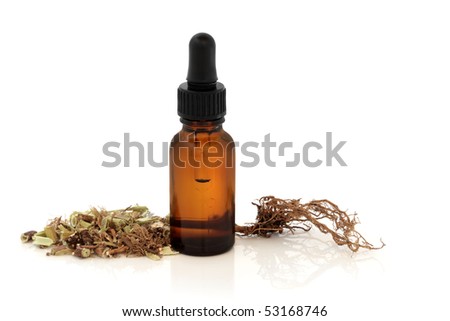 Valerian herb root and apothecary dropper bottle, over white background with reflection. Modern day alternative equivalent to valium acting as a tranquilizer. Foto d'archivio © 